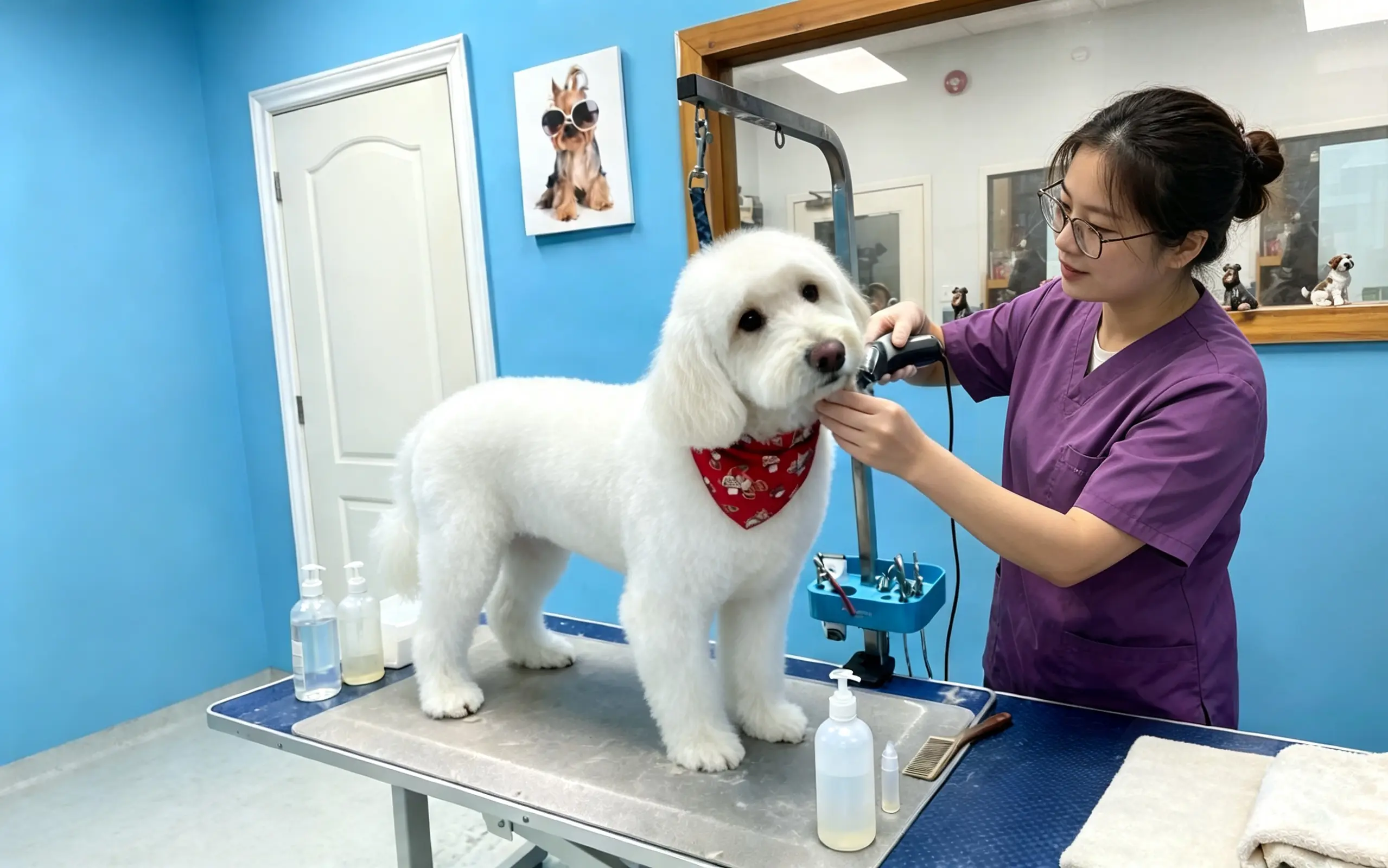 A freshly bathed dog receiving gentle towel drying and coat care from a groomer