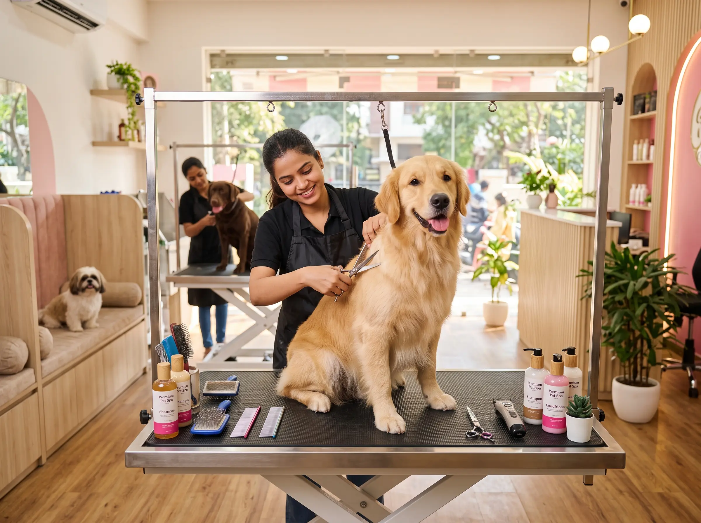 Groomer gently caring for a pet during a calm professional grooming appointment